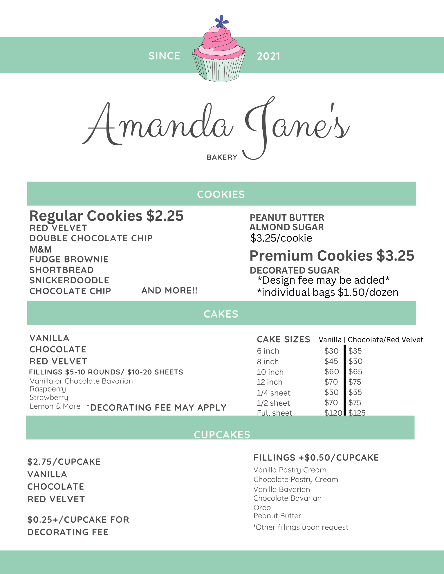Amanda Jane's Bakery menu page 1: cookies, cakes, and cupcakes
