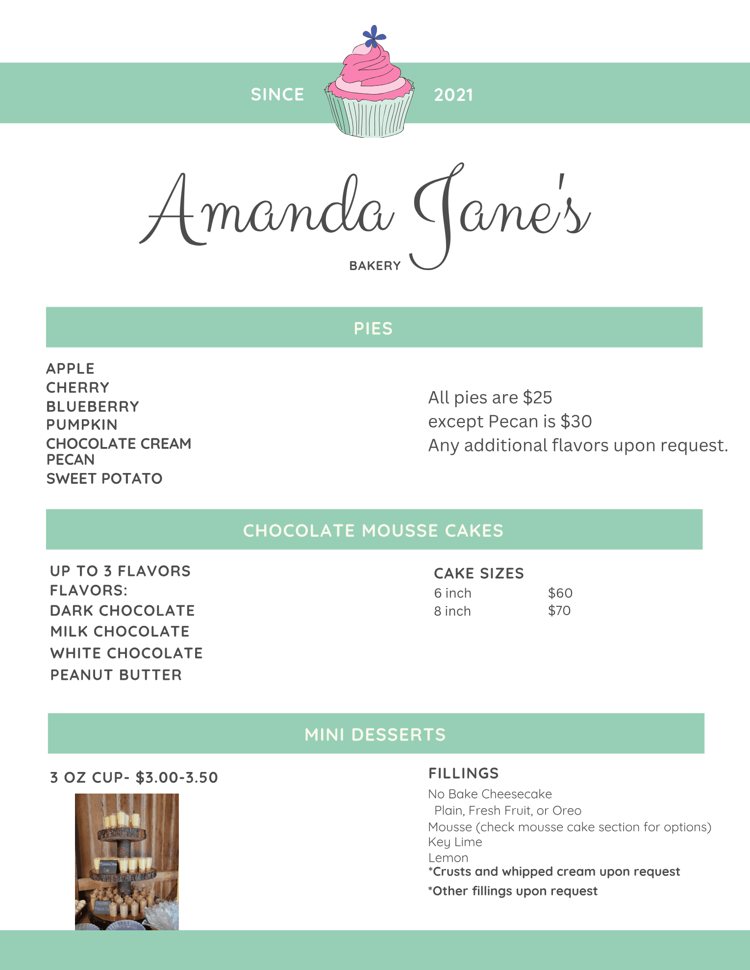 Amanda Jane's Bakery menu page 2: pies, chocolate mousse cakes, and mini desserts