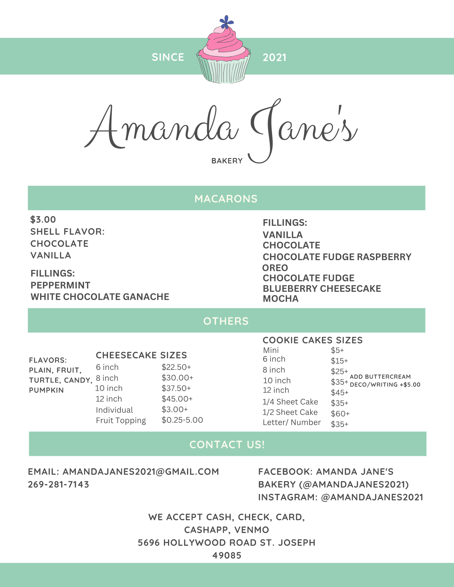 Amanda Jane's Bakery menu page 3: macarons, cheesecake, cookie cakes, and contact